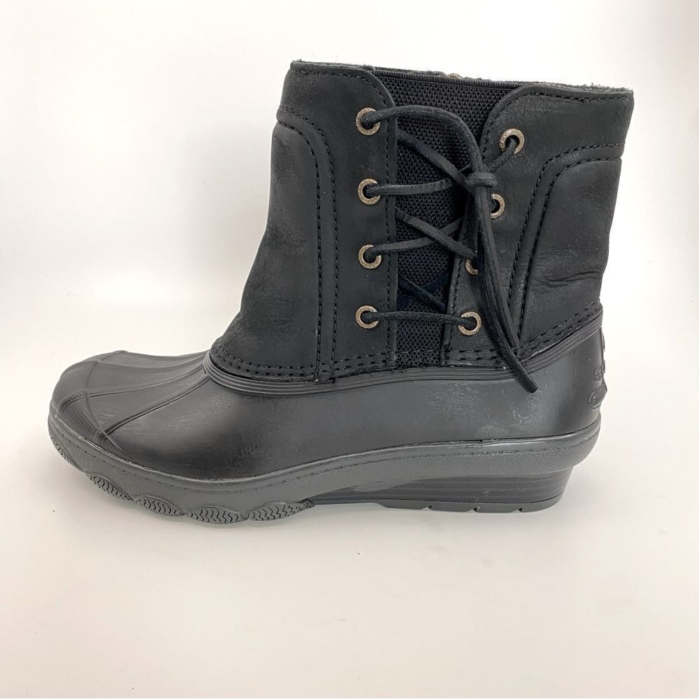 Sperry Saltwater Wedge Black Leather Quarter Duck Boots Color Black SZ 7 - Picture 6 of 12